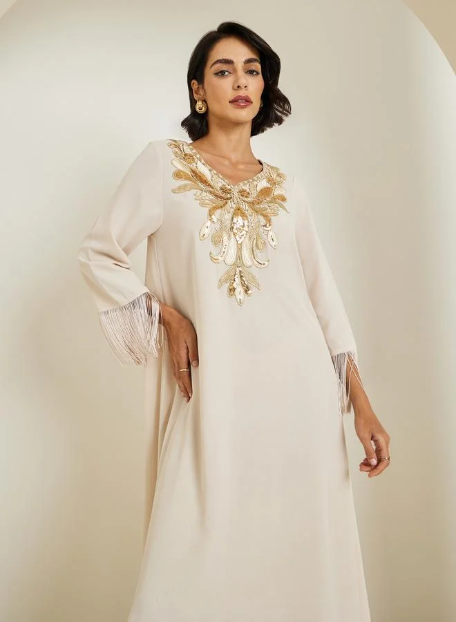 Amirah Women Sequined Patch V Neck Jalabiya